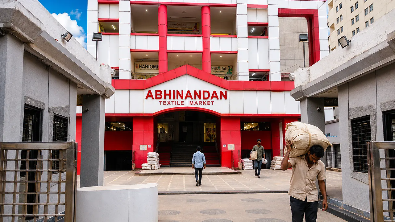 Abhinandan Textile Market Surat main gate with wholesale textile parcels