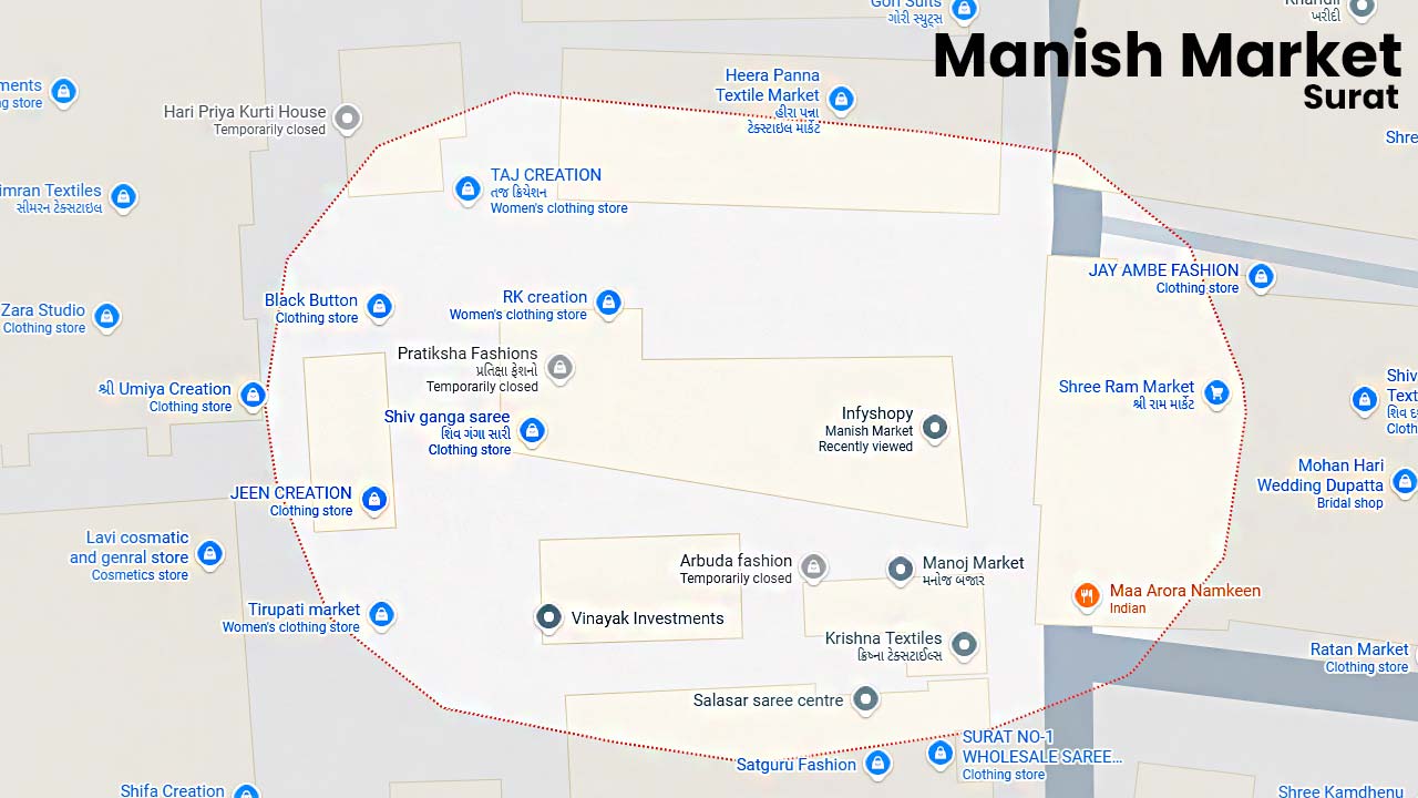 Manish Market Surat location map showing surrounding textile shops