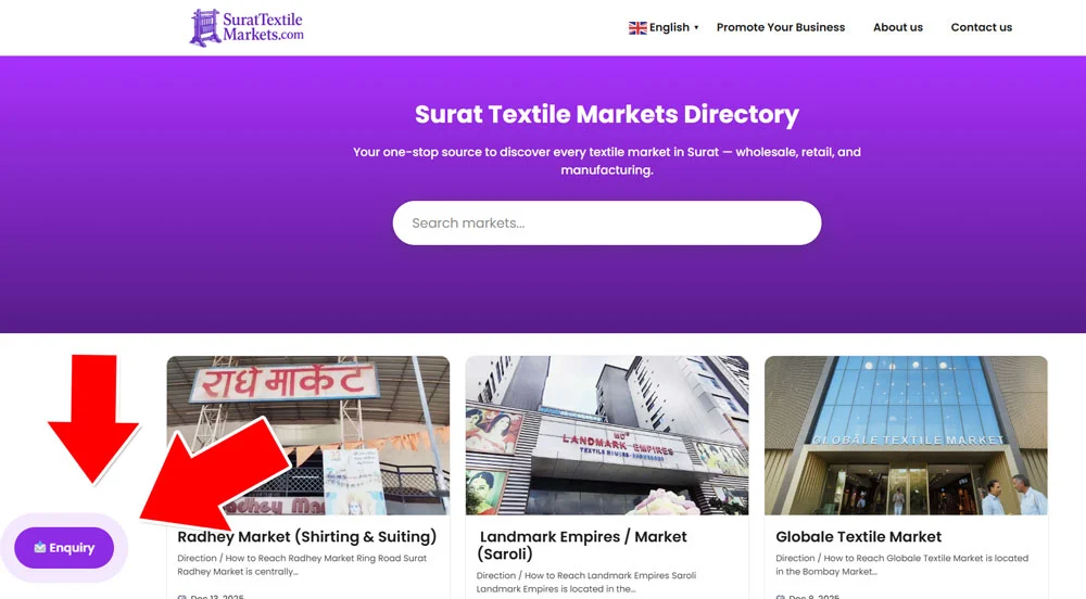 Homepage of SuratTextileMarkets.com showing the Enquiry floating button where buyers submit their product requirements.