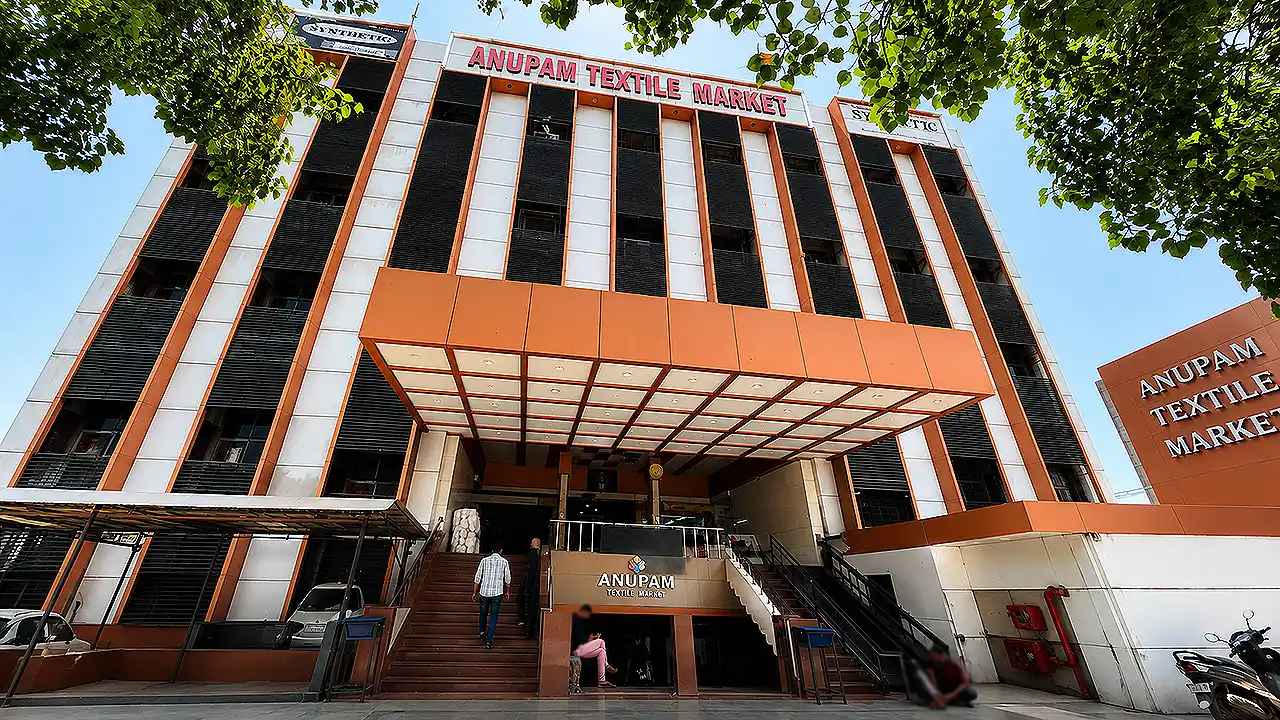 Front view of Anupam Textile Market in Surat