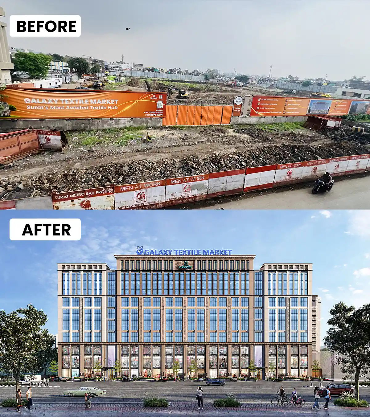 Galaxy Textile Market Surat construction site compared with proposed building design
