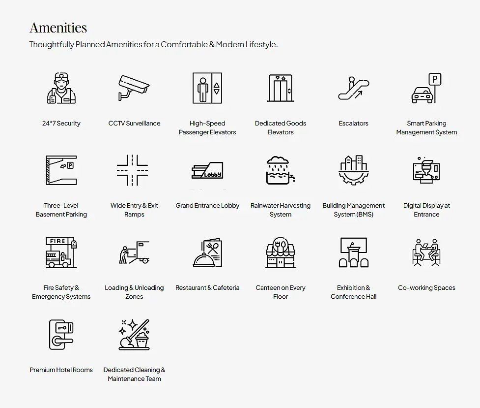 Security, parking, elevators, co-working and other planned facilities